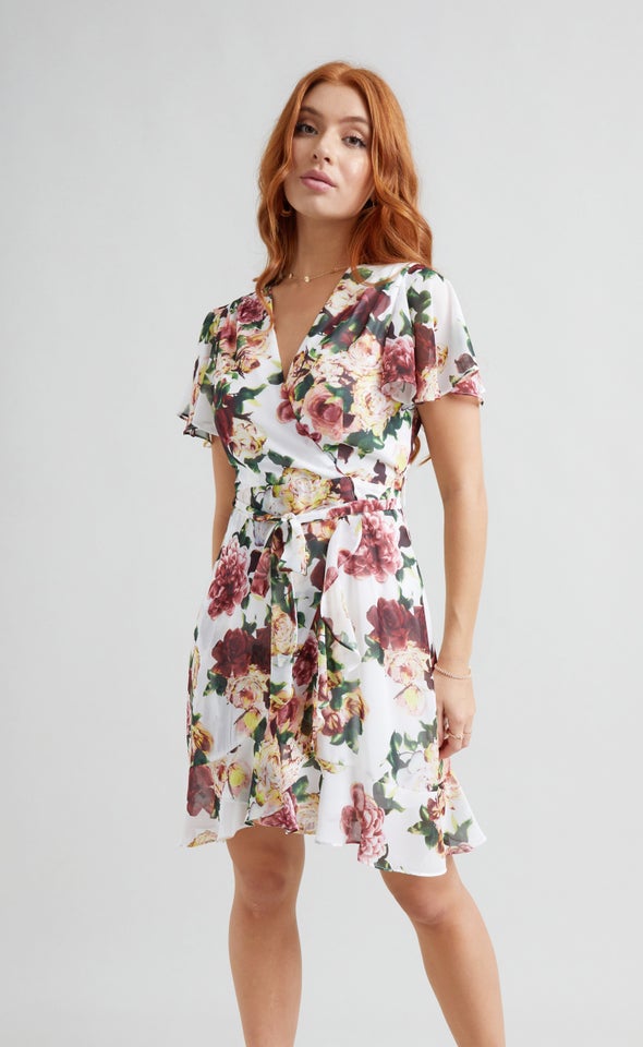Chiffon Floral Flutter Wrap Dress Cream/floral