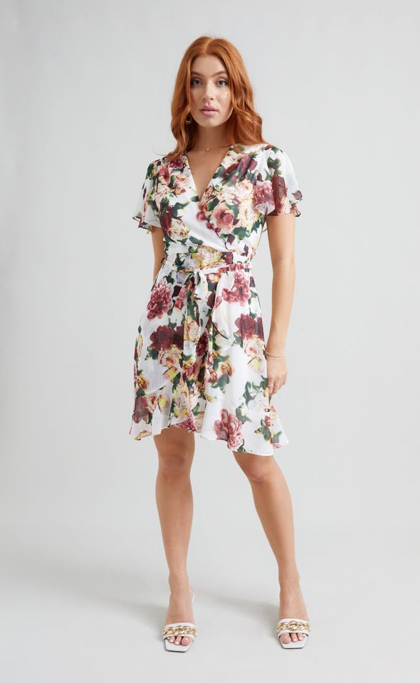 Chiffon Floral Flutter Wrap Dress Cream/floral