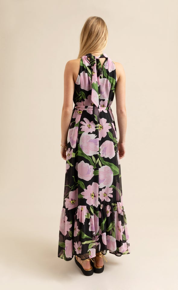 Chiffon Floral Halter Floaty Maxi Black/pink