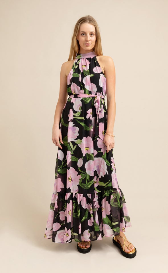 Chiffon Floral Halter Floaty Maxi Black/pink