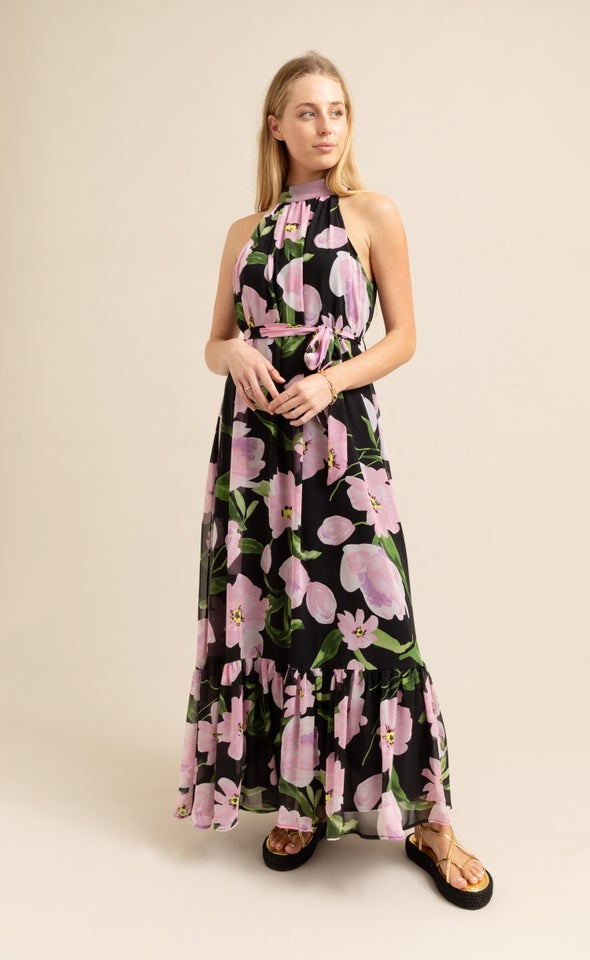 Chiffon Floral Halter Floaty Maxi Black/pink