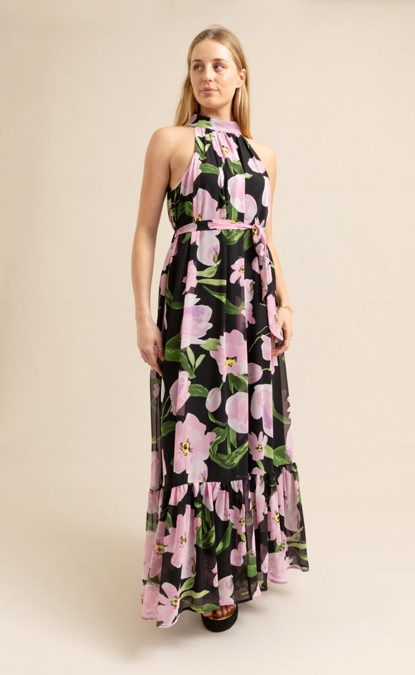 Chiffon Floral Halter Floaty Maxi Black/pink