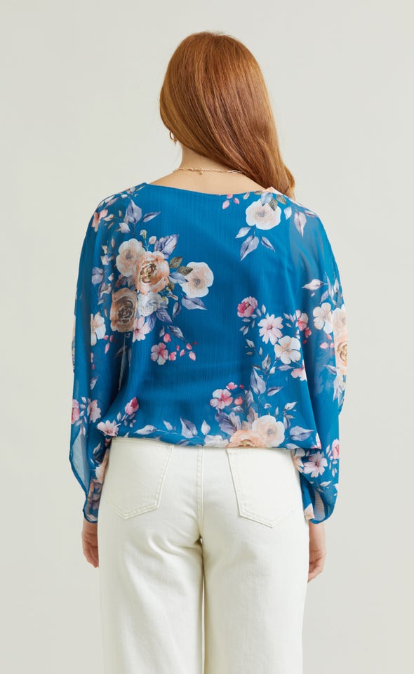 Chiffon Floral Kaftan Top Teal/floral