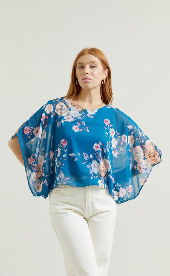 Chiffon Floral Kaftan Top Teal/floral