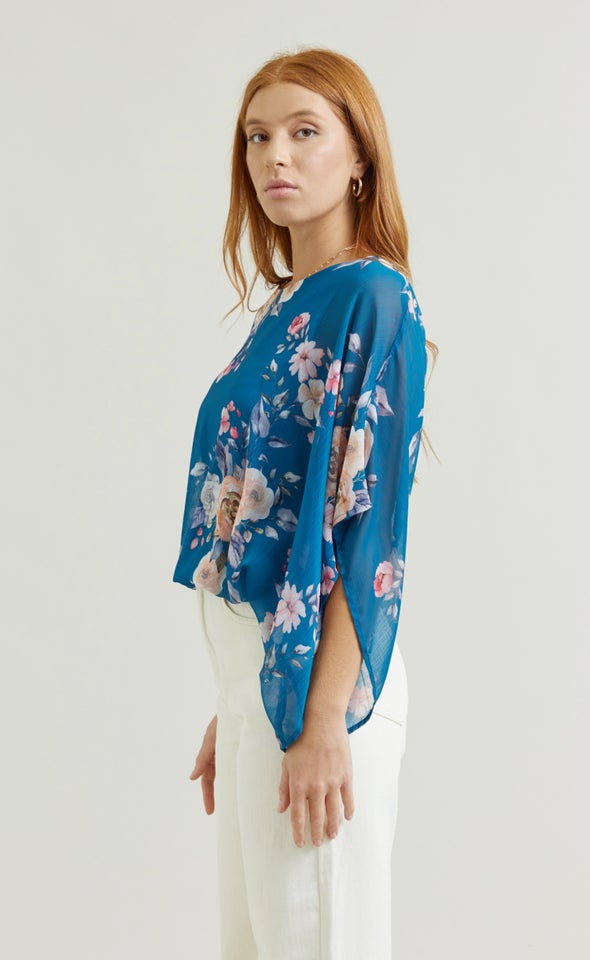 Chiffon Floral Kaftan Top Teal/floral