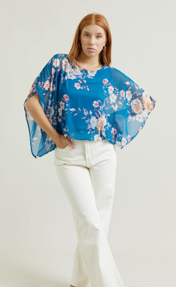 Chiffon Floral Kaftan Top Teal/floral