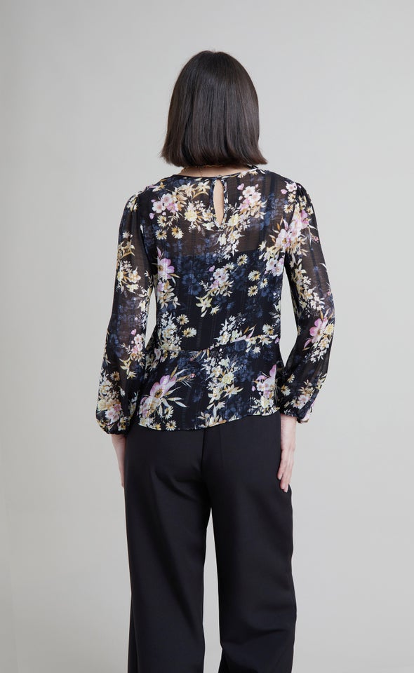 Chiffon Floral Peplum LS Top Black/floral