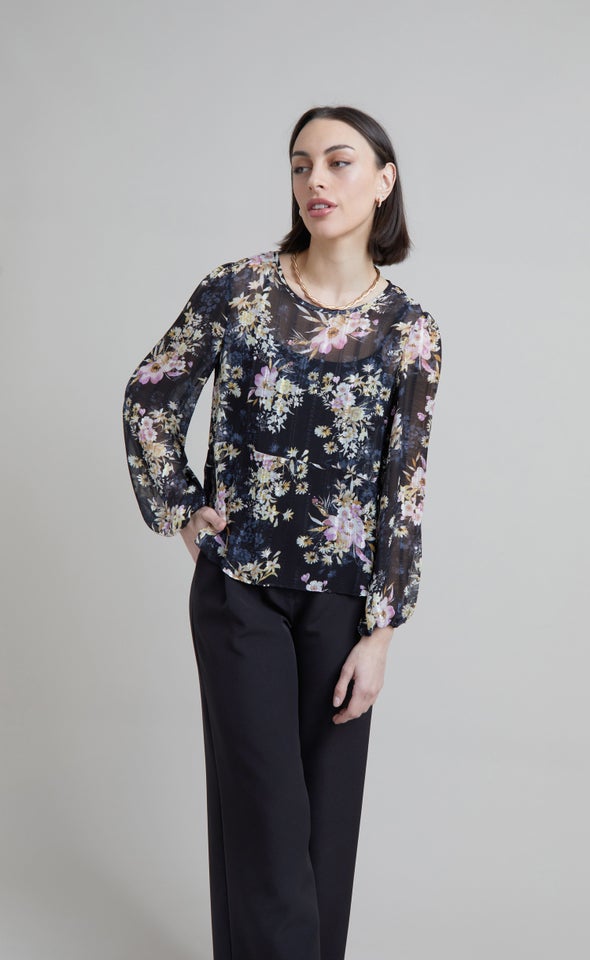 Chiffon Floral Peplum LS Top Black/floral
