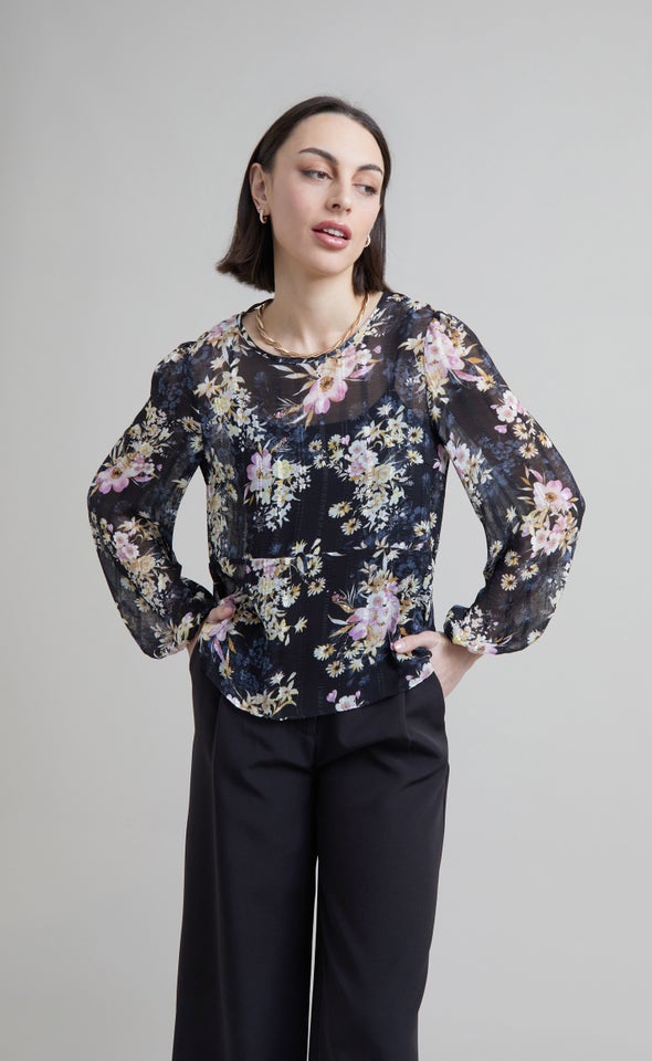 Chiffon Floral Peplum LS Top Black/floral