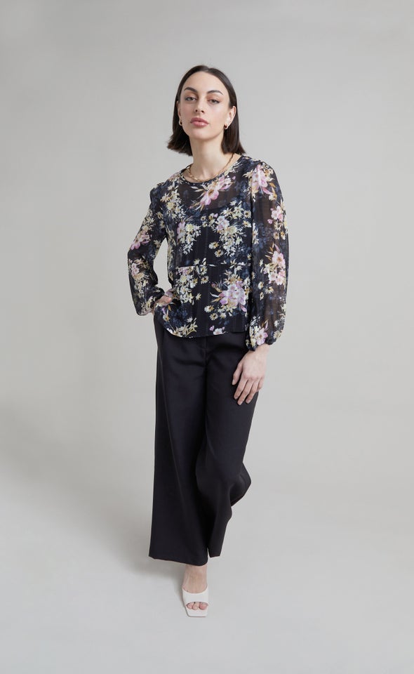 Chiffon Floral Peplum LS Top Black/floral