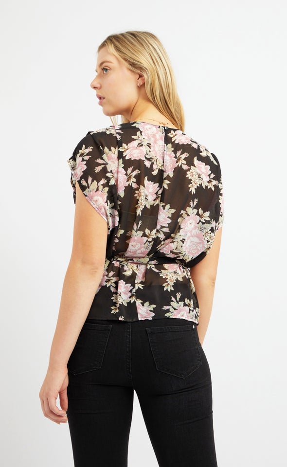 Chiffon Floral Tie Waist Top Black/floral