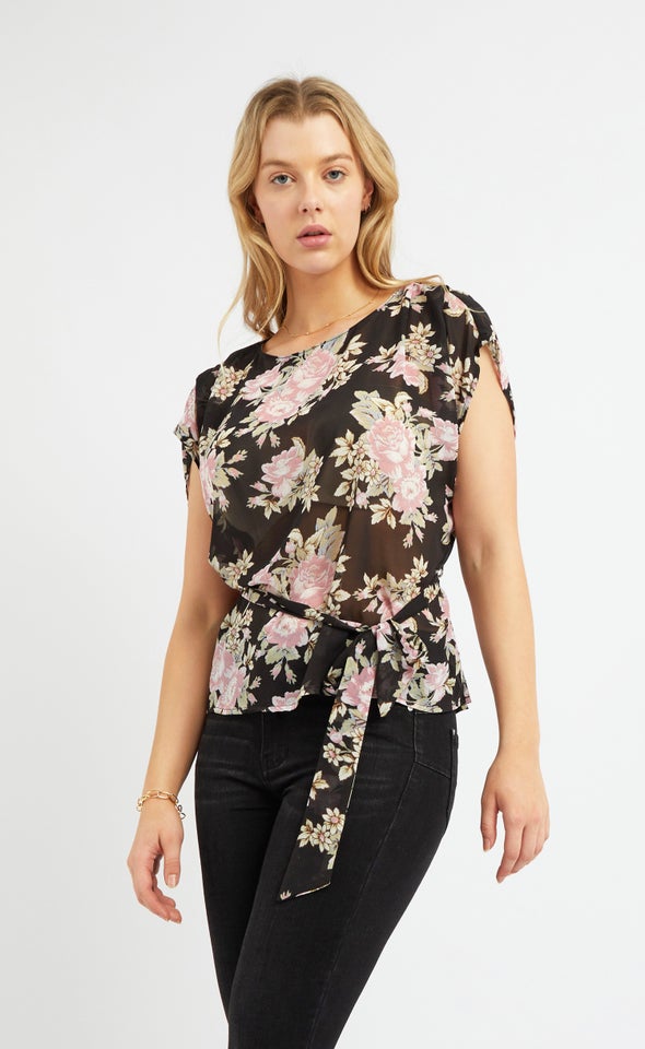 Chiffon Floral Tie Waist Top Black/floral