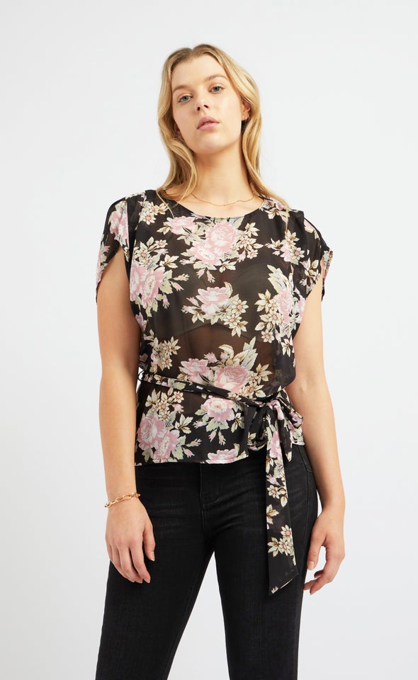 Chiffon Floral Tie Waist Top Black/floral