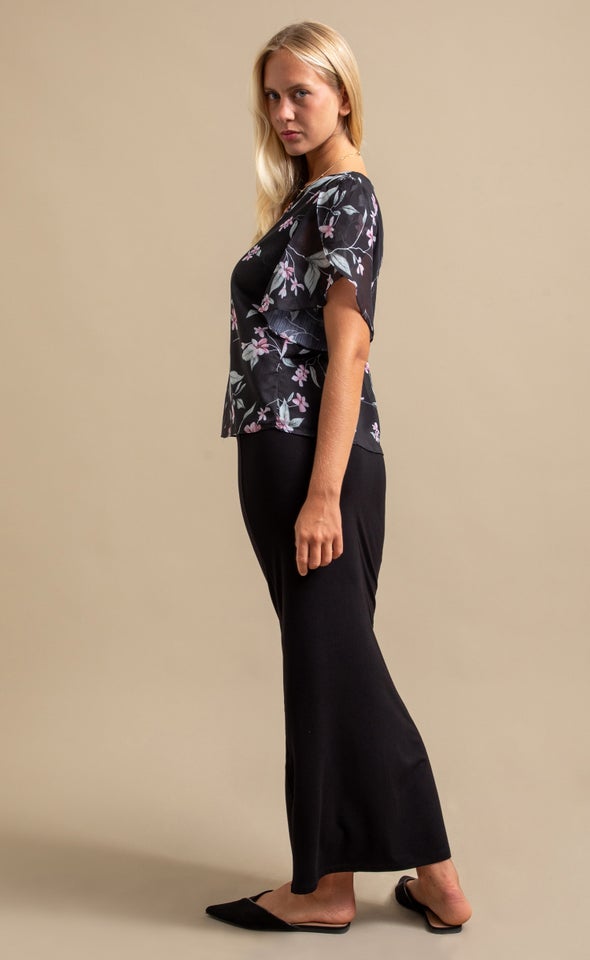 Chiffon Floral Tulip Sleeve Top Black Floral