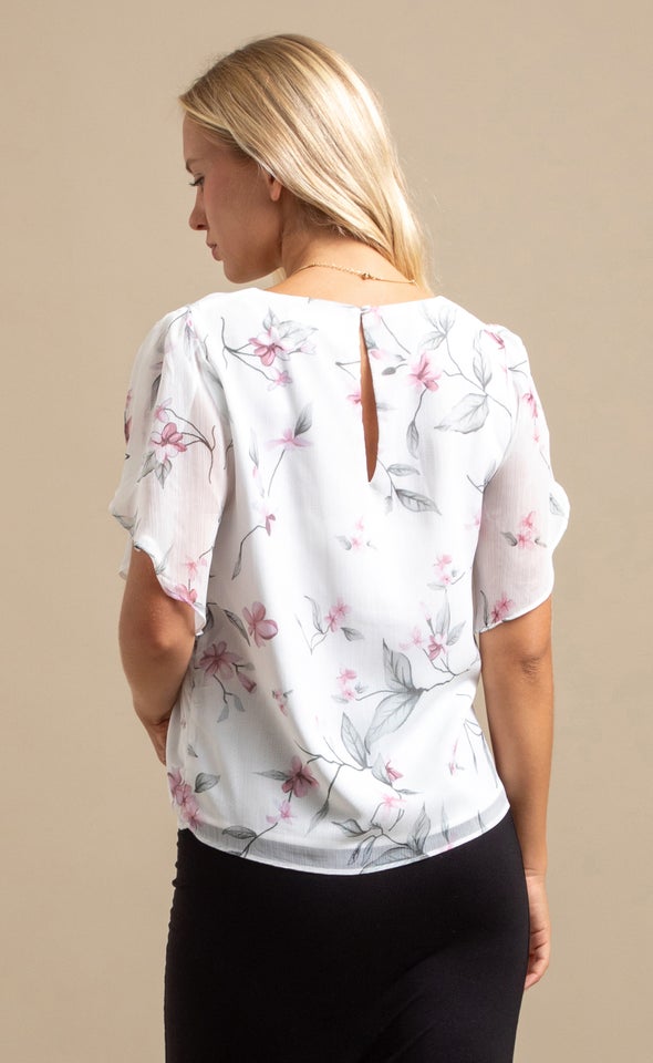 Chiffon Floral Tulip Sleeve Top Cream Floral