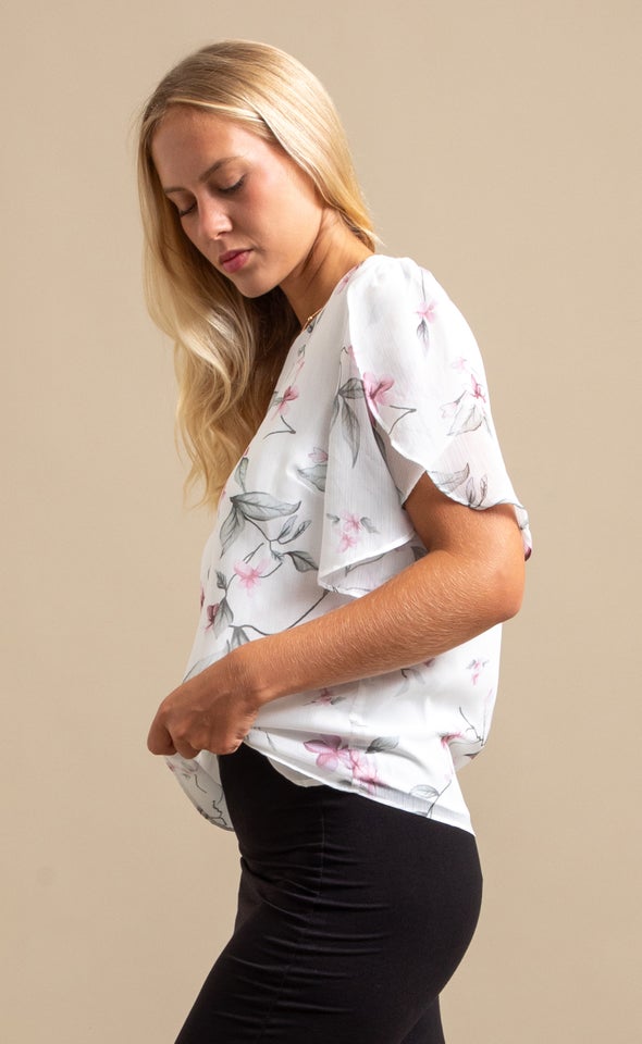 Chiffon Floral Tulip Sleeve Top Cream Floral