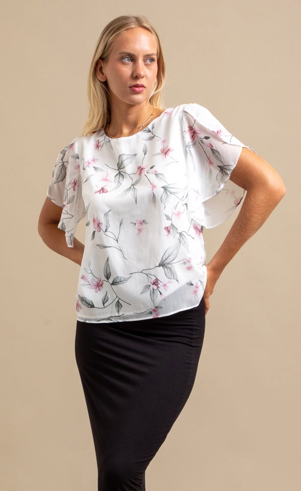 Chiffon Floral Tulip Sleeve Top Cream Floral