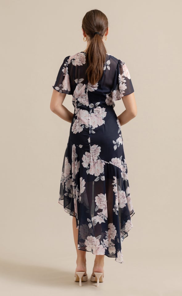 Chiffon Flutter Asymmetric Maxi Navy/blush