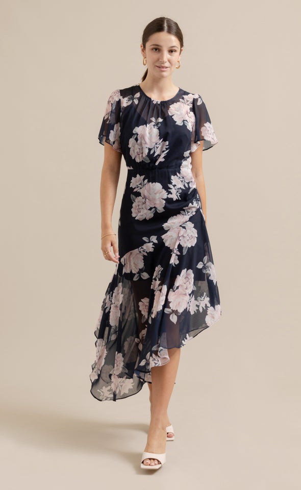 Chiffon Flutter Asymmetric Maxi Navy/blush