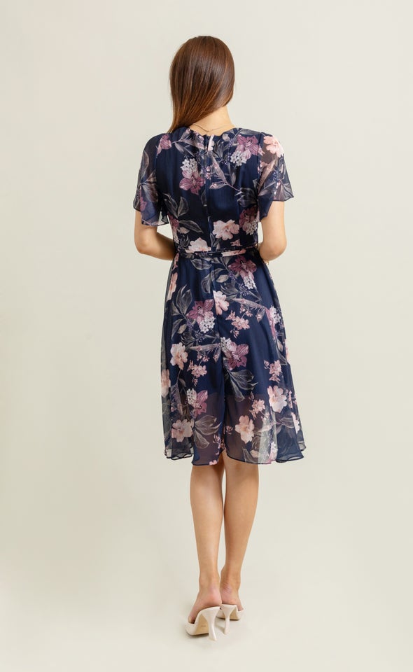 Chiffon Flutter Hi Low Dress Navy/floral