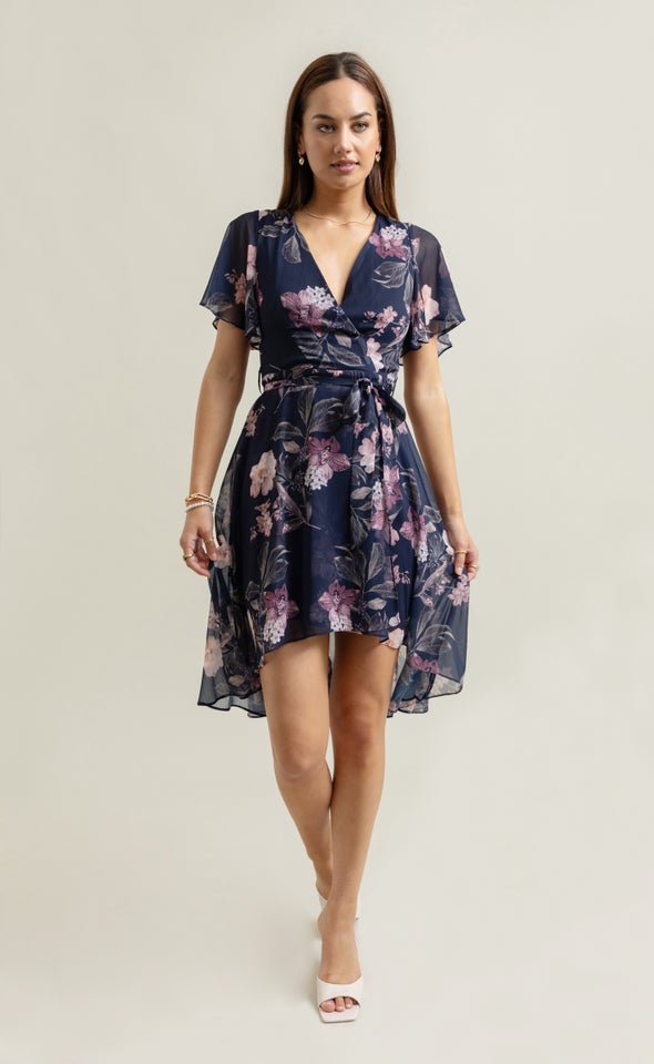 Chiffon Flutter Hi Low Dress Navy/floral
