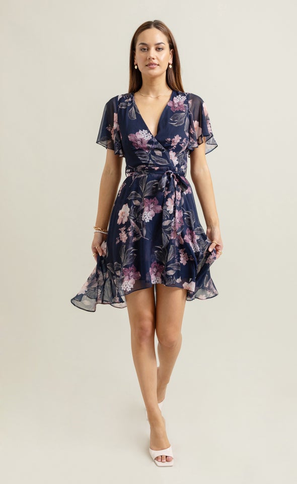 Chiffon Flutter Hi Low Dress Navy/floral