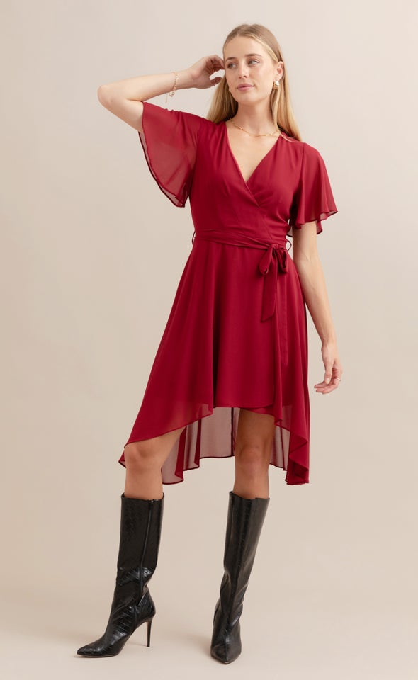 Chiffon Flutter Hi Low Dress Red Wine