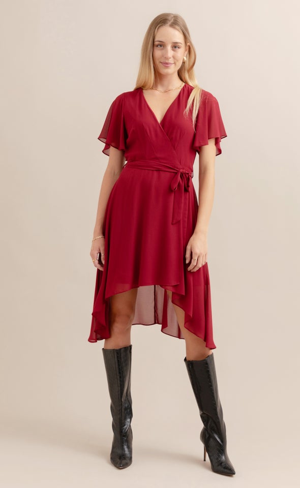 Chiffon Flutter Hi Low Dress Red Wine