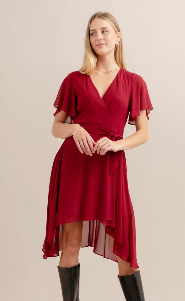 Chiffon Flutter Hi Low Dress Red Wine