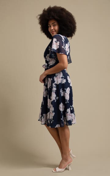 Shop our Chiffon Flutter Layered Skirt Dress in Navy/floral | Pagani