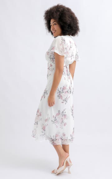 Shop our Chiffon Flutter Sleeve Midi Dress in Cream/floral | Pagani