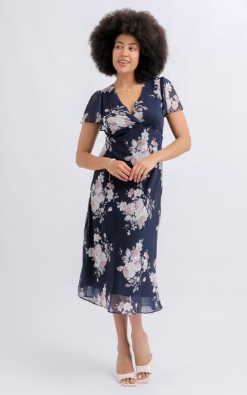 Shop our Chiffon Flutter Sleeve Midi Dress in Navy/floral