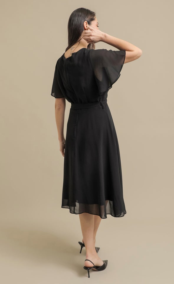 Chiffon Flutter Sleeve Skater Dress Black