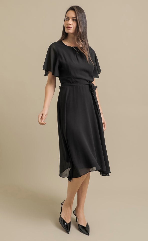 Chiffon Flutter Sleeve Skater Dress Black