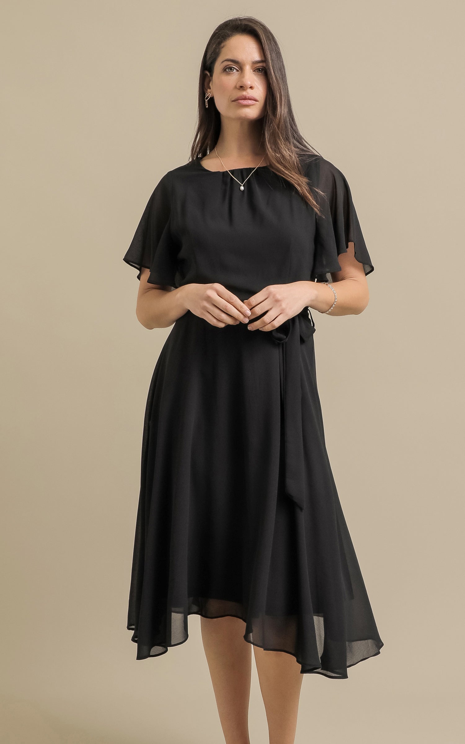 Shop our Chiffon Flutter Sleeve Skater Dress in Black