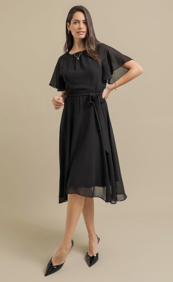 Chiffon Flutter Sleeve Skater Dress Black