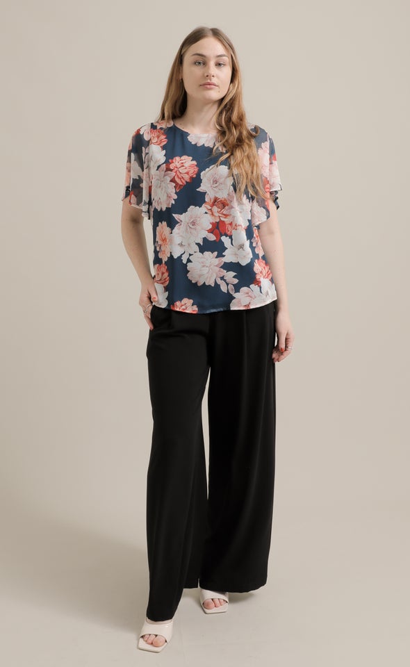 Chiffon Flutter Sleeve Top Dark Teal/floral