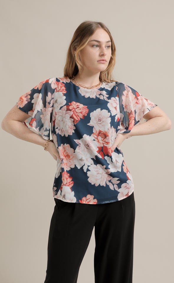 Chiffon Flutter Sleeve Top Dark Teal/floral