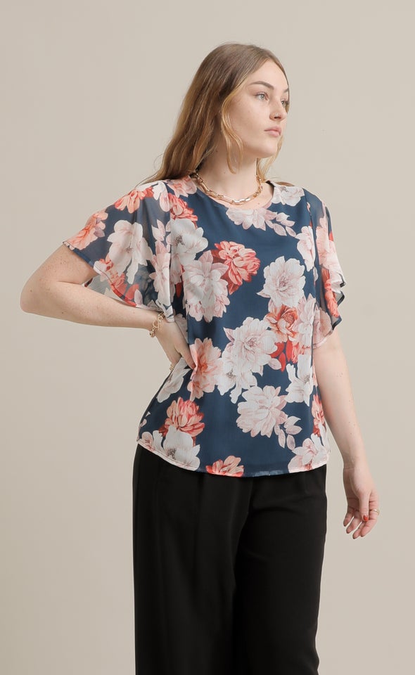 Chiffon Flutter Sleeve Top Dark Teal/floral