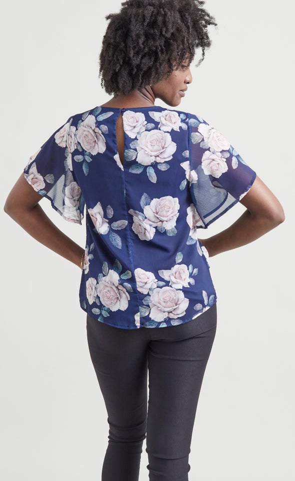 Chiffon Flutter Sleeve Top Navy/floral