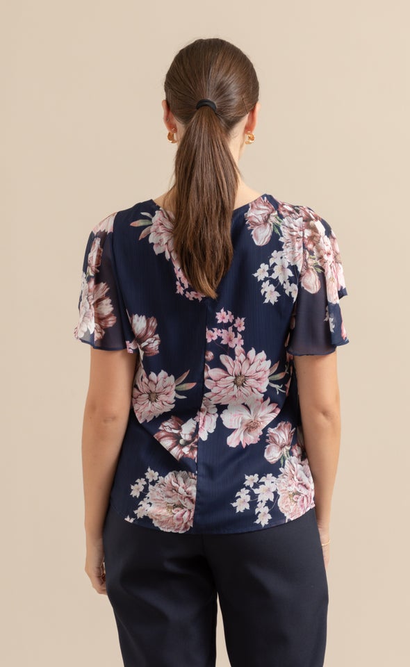 Chiffon Flutter Sleeve Top Navy/floral