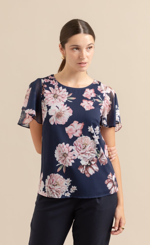 Chiffon Flutter Sleeve Top Navy/floral