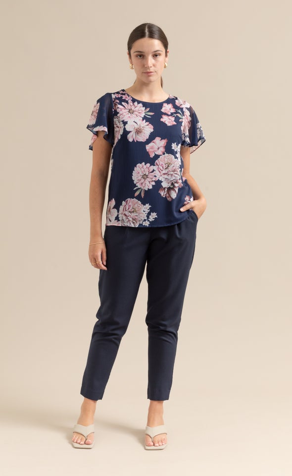 Chiffon Flutter Sleeve Top Navy/floral