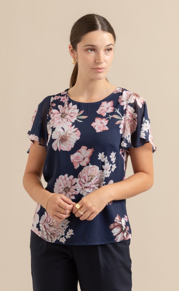 Chiffon Flutter Sleeve Top Navy/floral