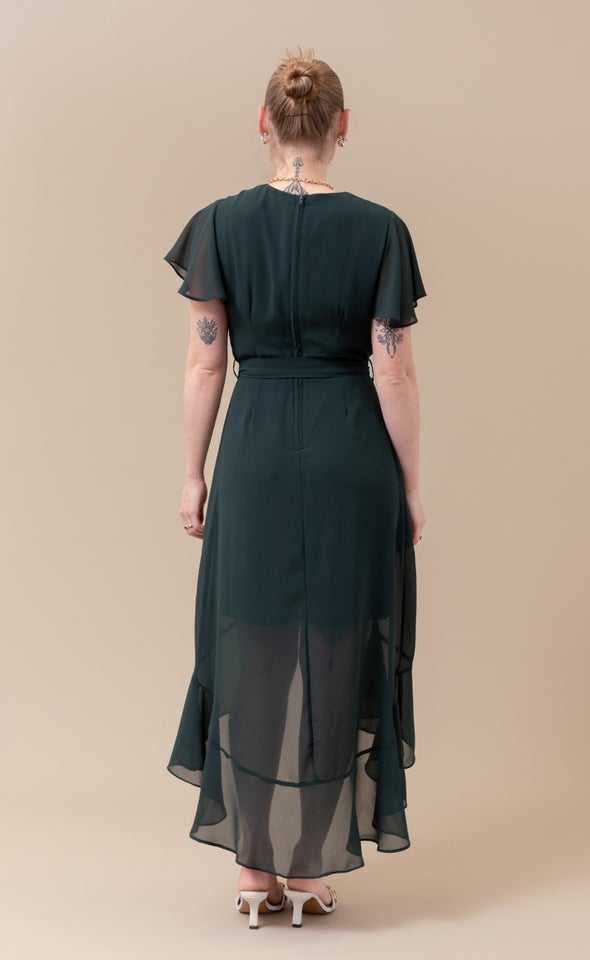 Chiffon Flutter Sleeve Wrap Gown Dark Emerald