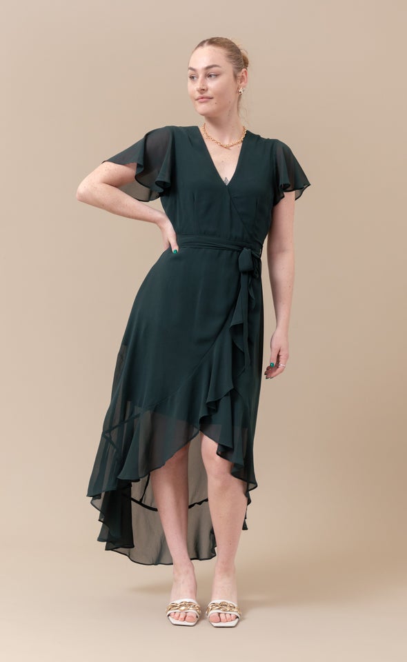 Chiffon Flutter Sleeve Wrap Gown Dark Emerald
