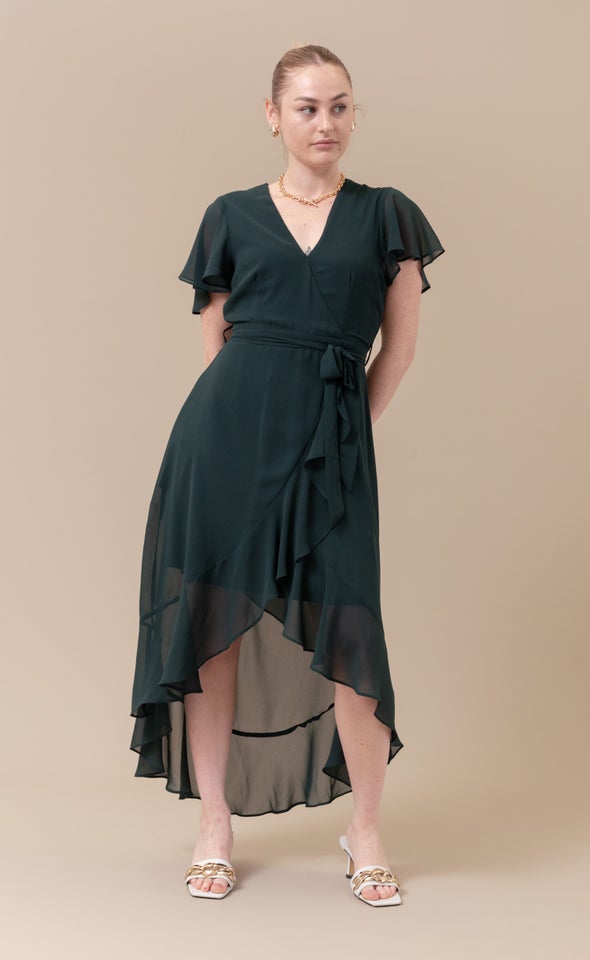 Chiffon Flutter Sleeve Wrap Gown Dark Emerald