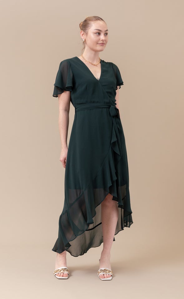 Chiffon Flutter Sleeve Wrap Gown Dark Emerald