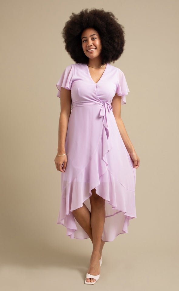 Chiffon Flutter Sleeve Wrap Gown Lilac