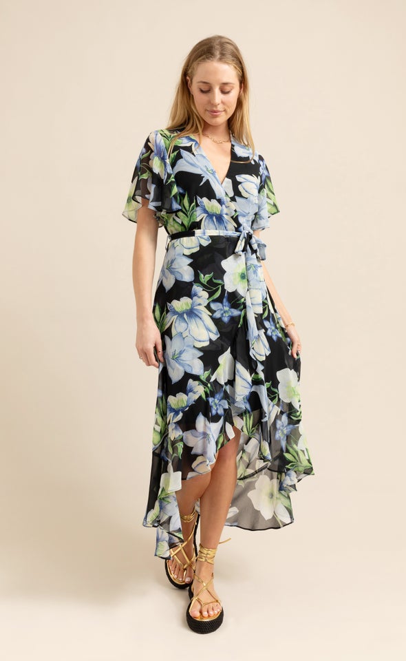 Chiffon Flutter Sleeve Wrap Maxi Black/blue
